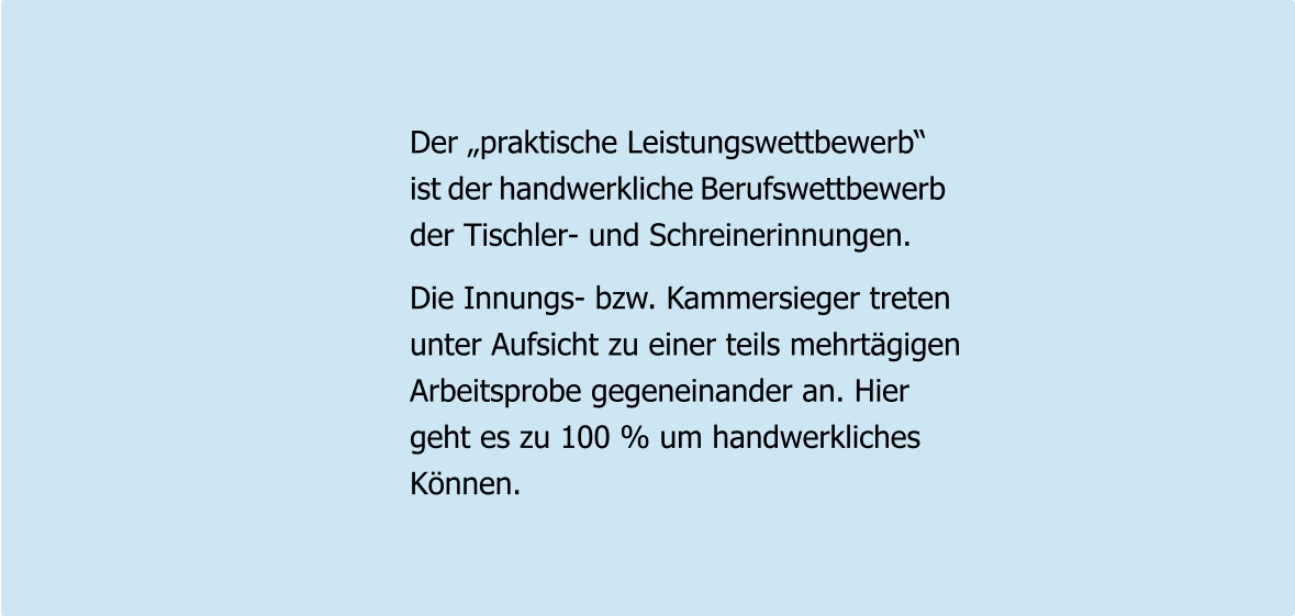 Der „praktische Leistungswettbewerb“ ist der handwerkliche Berufswettbewerb der Tischler- und Schreinerinnungen.  Die Innungs- bzw. Kammersieger treten unter Aufsicht zu einer teils mehrtägigen Arbeitsprobe gegeneinander an. Hier geht es zu 100 % um handwerkliches  Können.